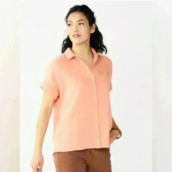 Gauzy peach button down peach shirt. COTTON Sonoma. size medium. - Picture 1 of 7